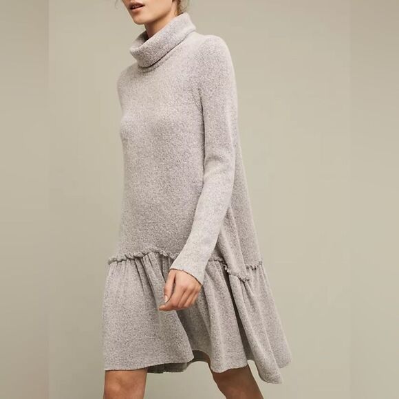 Anthropologie Moth Eira Drop Waist Turtleneck Grey Oversized Sweater Dress S - Picture 1 of 8